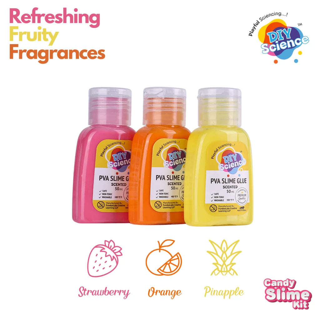 DIYScience Candy Slime Kit | Make Strawberry, Pineapple, Orange Scented Slime | 100% Safe & Non Toxic | Vermicelli | Fruit Slices | Candy Charm | Smooth & Stretchy | for Age 8+