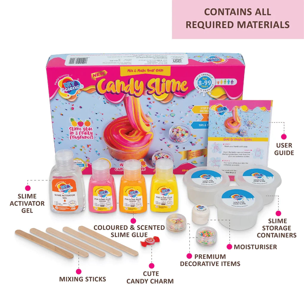 DIYScience Candy Slime Kit | Make Strawberry, Pineapple, Orange Scented Slime | 100% Safe & Non Toxic | Vermicelli | Fruit Slices | Candy Charm | Smooth & Stretchy | for Age 8+