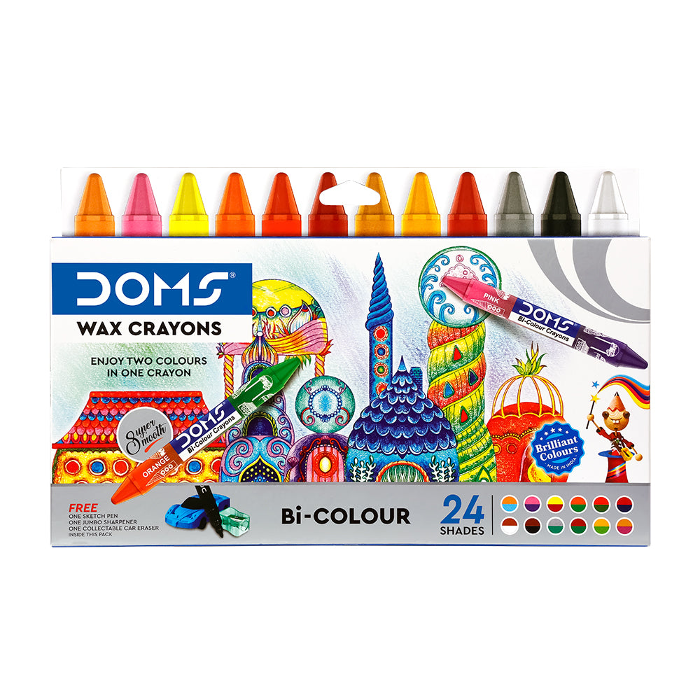 DOMS Bi-Colour Wax Crayon 24 Shades  | Pack of 5, Muticolor