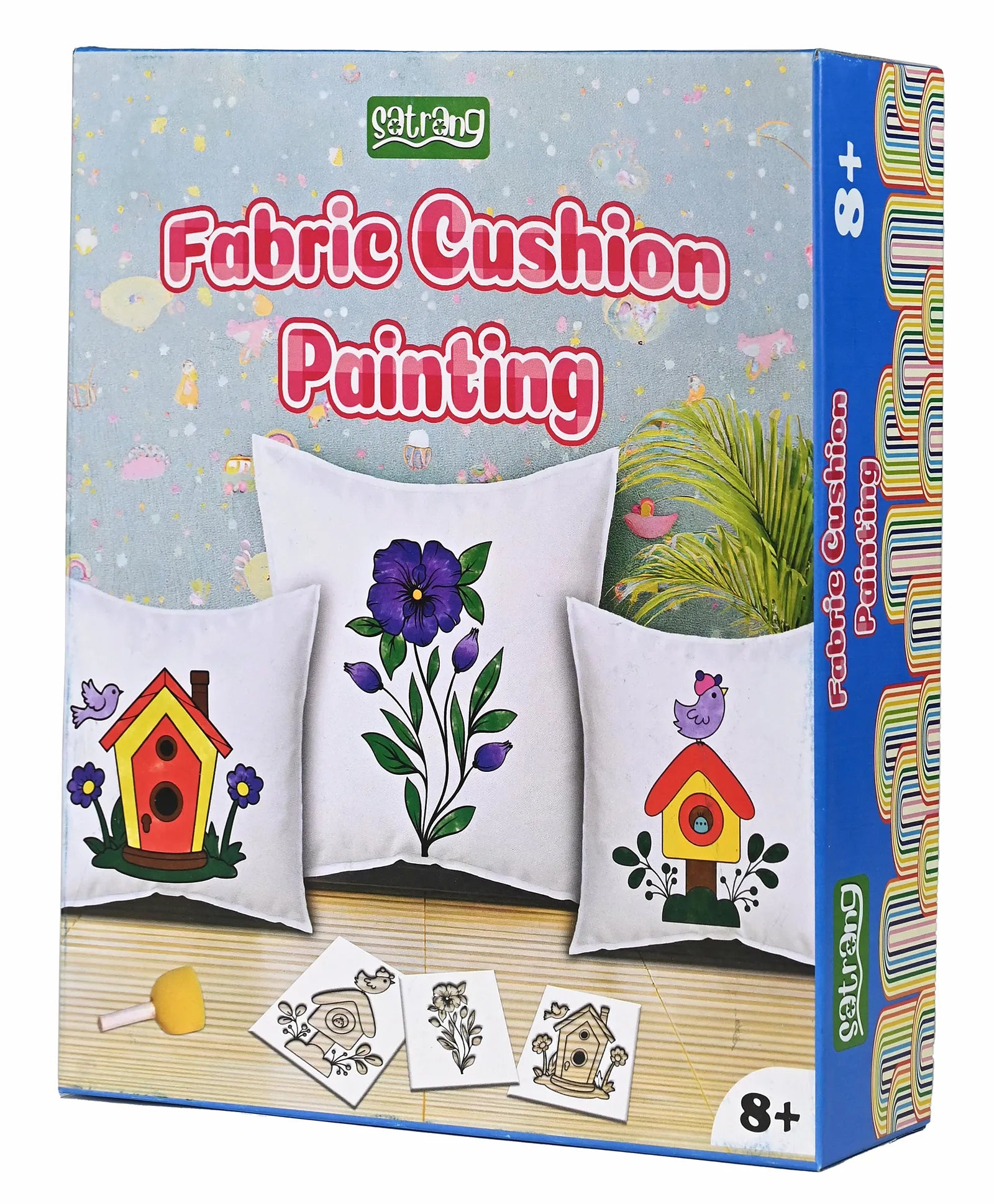 DIY fabric painting kit with Satrang design, including a cushion cover, multicolor paints, and a brush—ideal for kids’ creative play.

