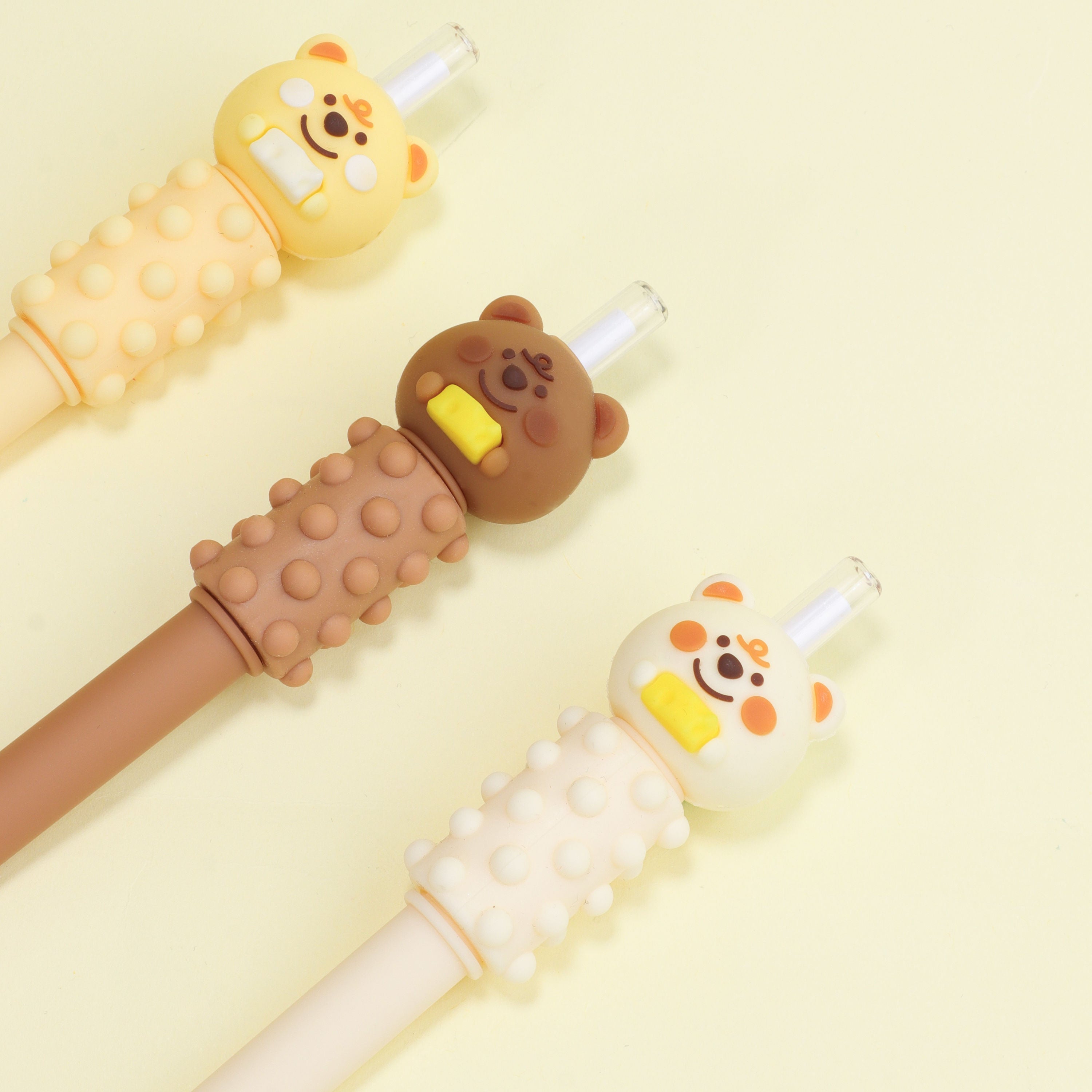 Teddy Design Cute Fancy Fine 0.5mm Roller Gel Ink Pen for Office Stationary School Supplies Birthday Party Favor Return Gift- Multicolor - Pack of 3 Pcs