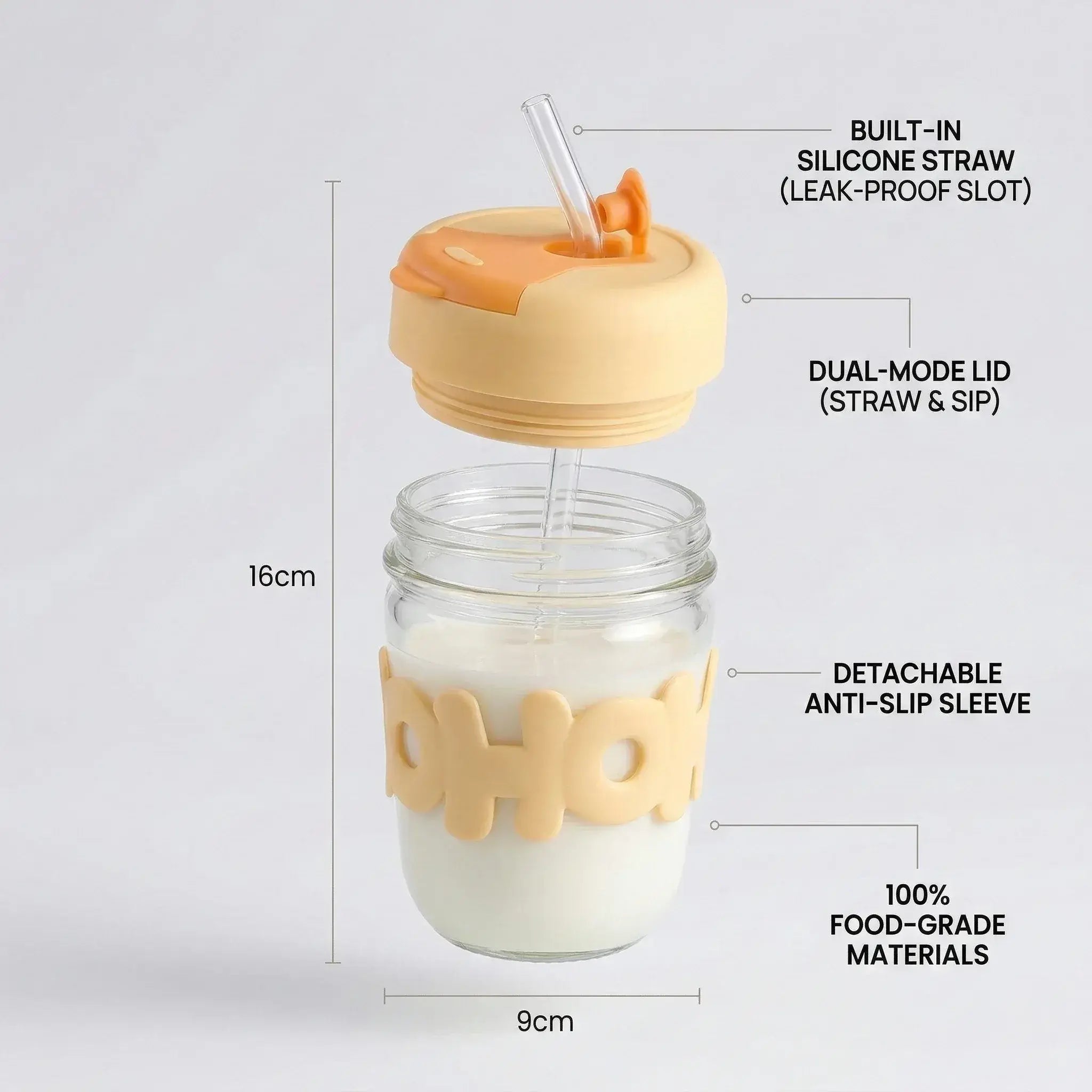 eusable glass smoothie cup with straw and lid
