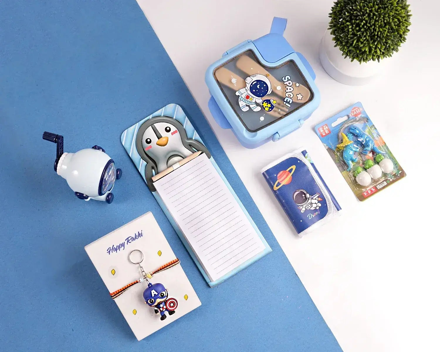 blue space themed school bag gift hamper for boys with astronaut design and accessories set