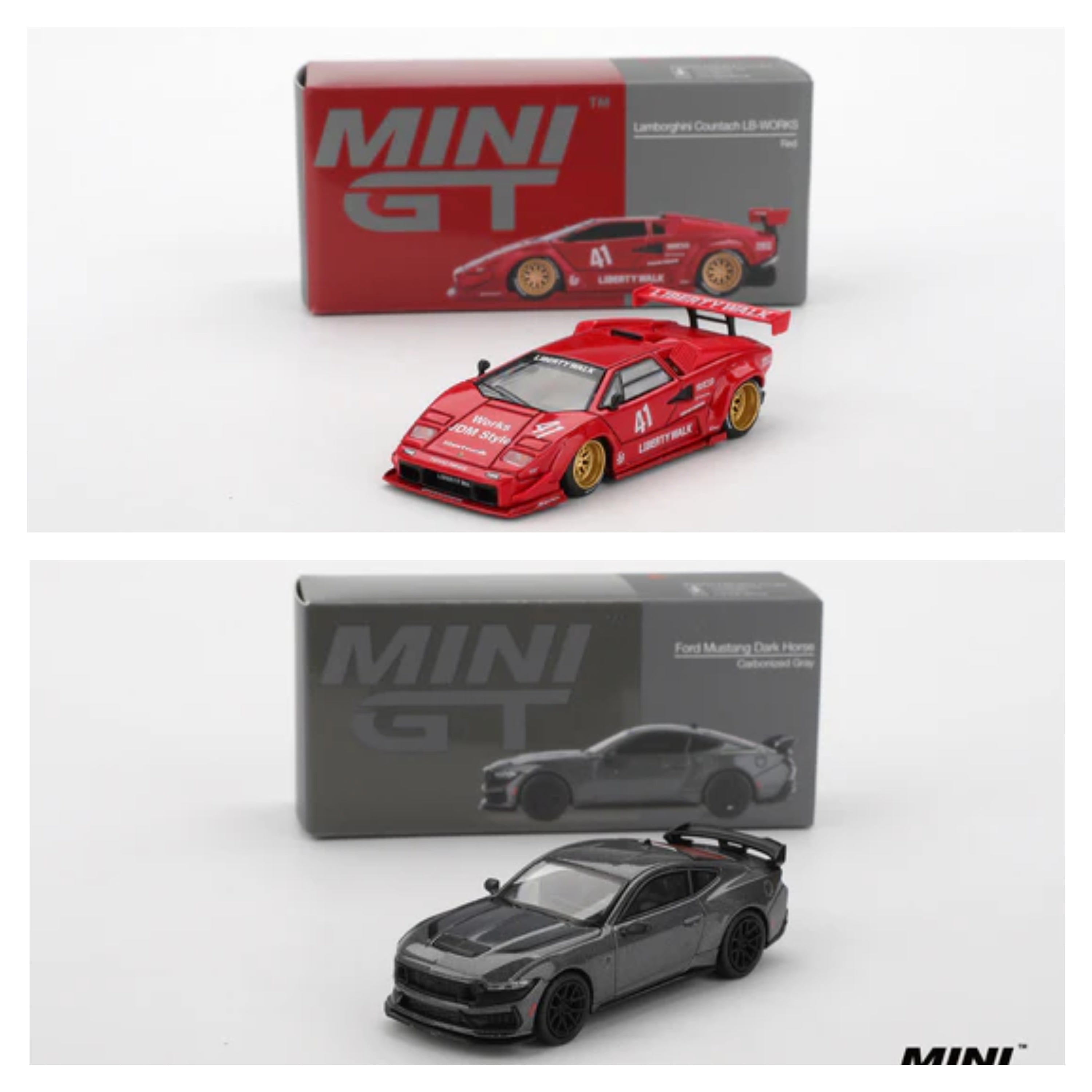 MINI GT #1100 Lamborghini Countach LB & #957 Ford Mustang Dark Horse 2024 Carbonized Gray – 2-Car Combo Pack