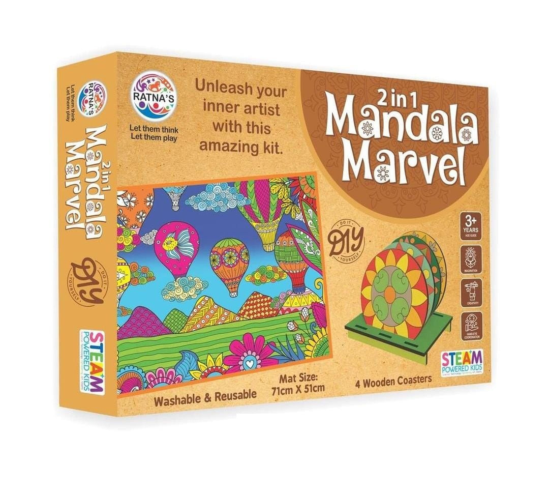 Ratnas 2 in 1 Wooden Coasters Mandala Marvel For Kids - Multicolor