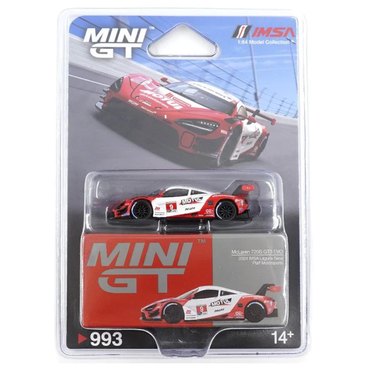 MINI GT #993 Imported Edition - McLaren 720S GT3 Evo - 2024 IMSA Laguna Seca Pfaff Motorsports - Blister Pack