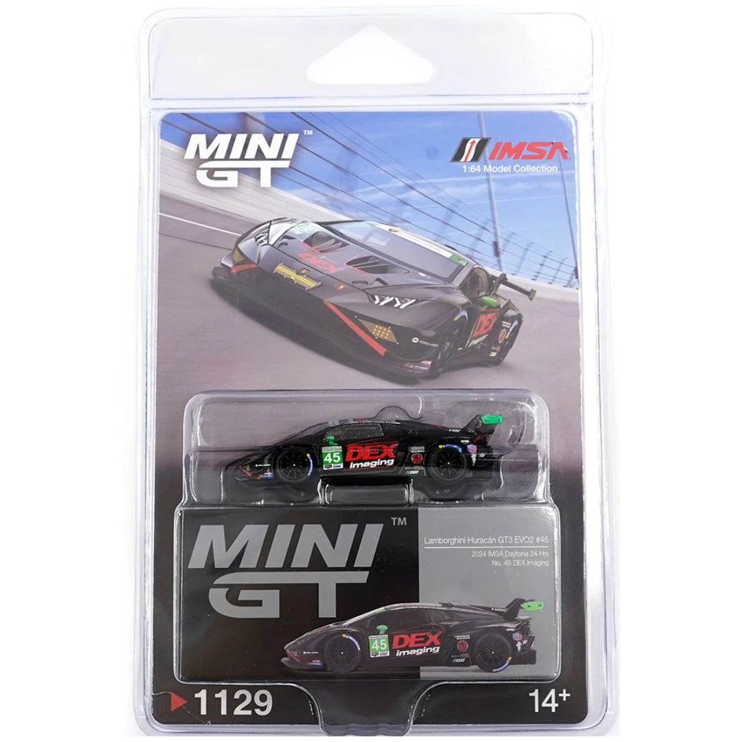 MINI GT Imported Edition - Lamborghini Huracan GT3 EVO2 #45 - 2024 IMSA Daytona 24 Hrs No. 45 DEX Imaging - Blister Pack - #1129