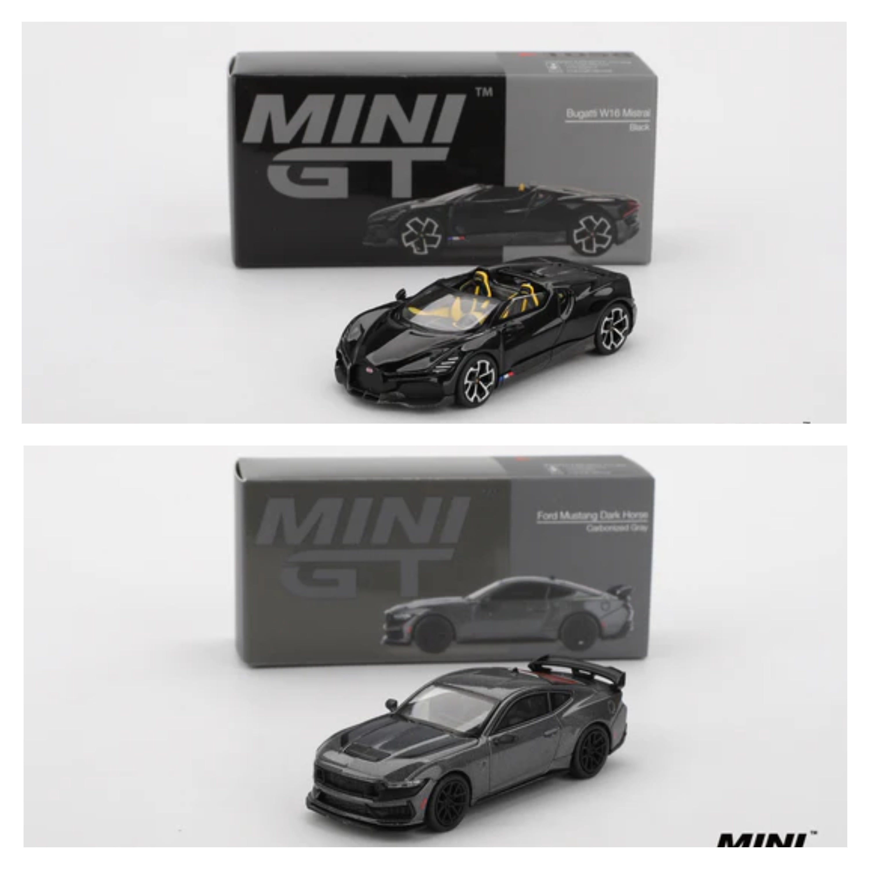 MINI GT #1058 & #957 - Bugatti A16 Mistral Black & Ford Mustang Dark Horse 2024 Carbonized Gray - Combo Pack of 2 Cars