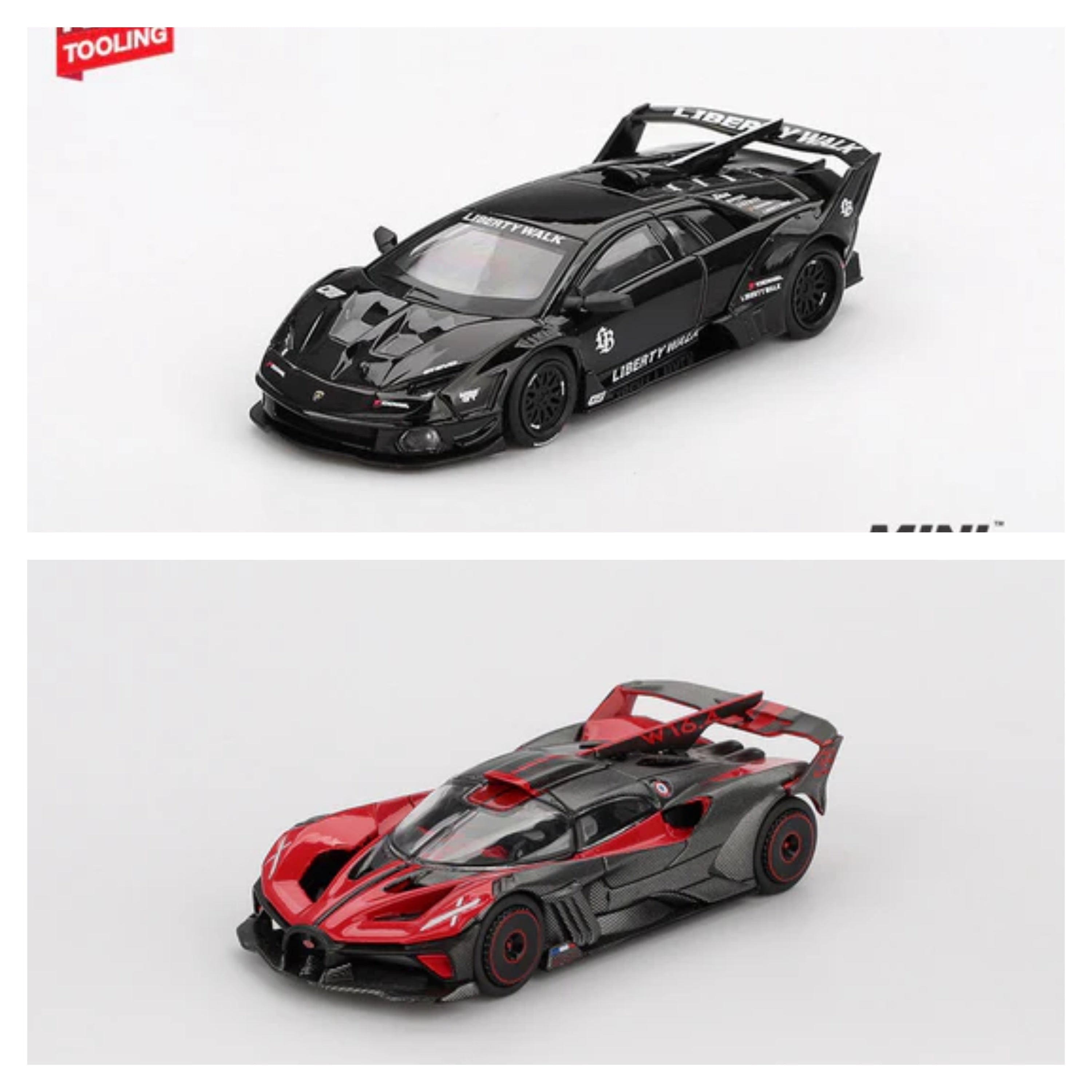 MINI GT #1105 & #1053 - Lamborghini lb-silhouette works Murcielago gt evo black & Bugatti Bolide Red - Combo Pack of 2 Cars
