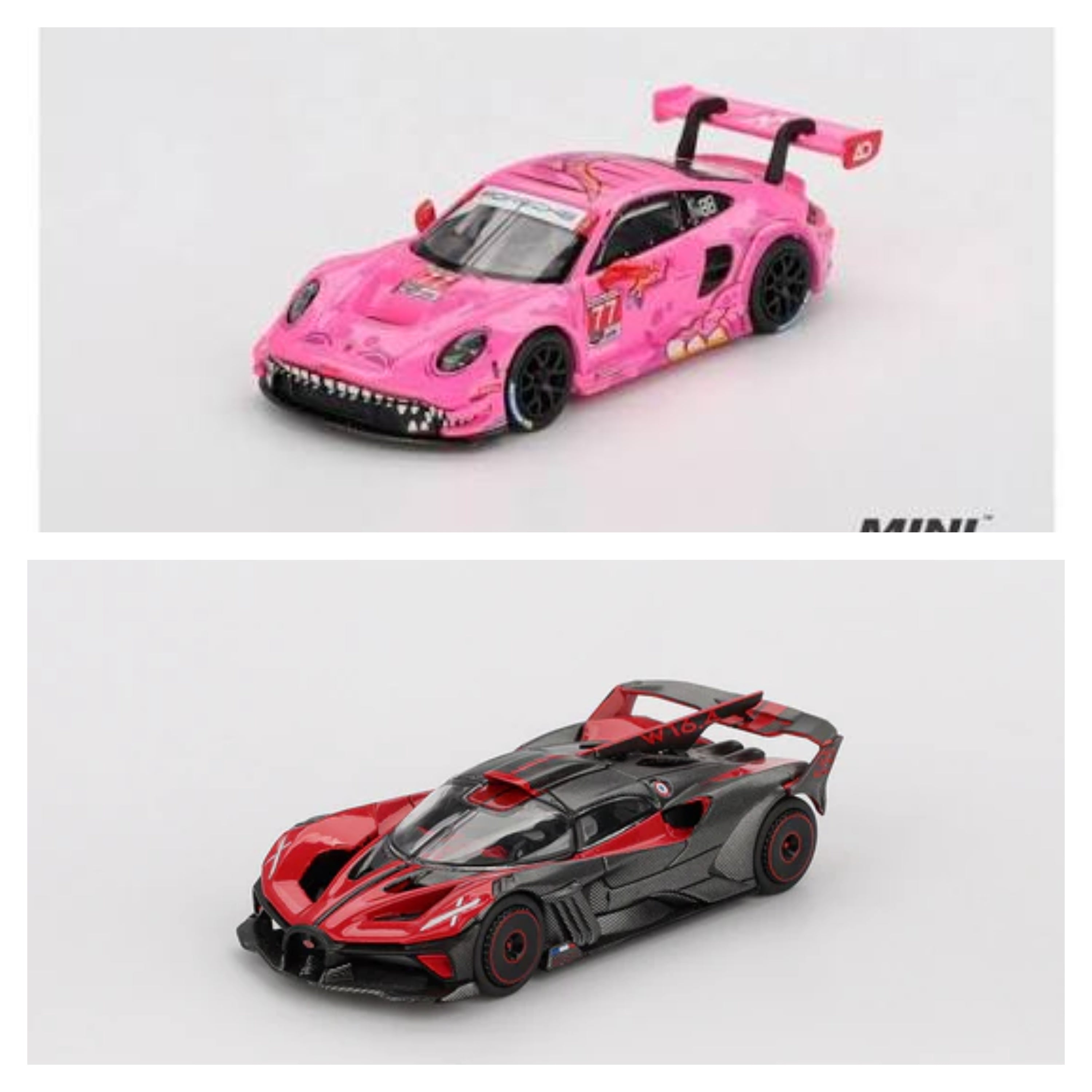 MINI GT #1105 & #1052 - Porsche 911 GT3 & Bugatti Bolide Red - Combo Pack of 2 Cars