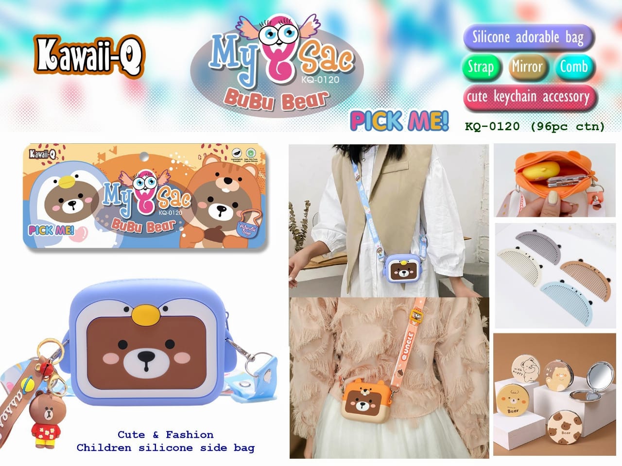 Kawaii - Cute Children Side Bags with Strap, Comb and Compact Mirror for Kids - Multicolor