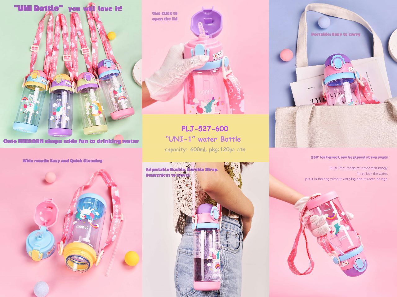 Cute Super Unicorn Sippy Cup Plastic Water Bottle with Straw & Strap For Kids - 600ml - Multicolor