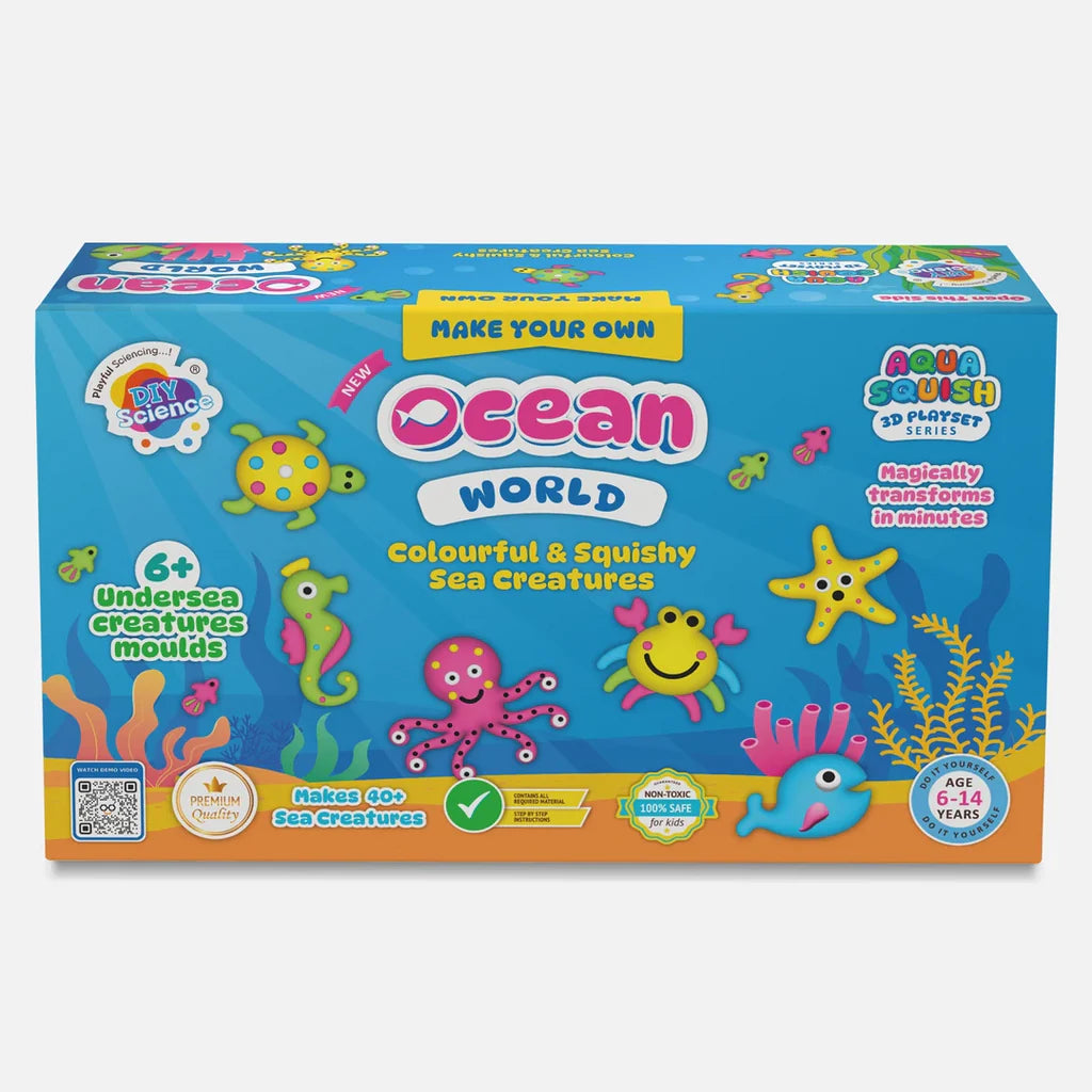 DIYScience Ocean World Aqua Squish Kit | Make More Than 40 3D Colorful Soft and Squishy Sea Creatures | Magic Water Elf Gel Toys for Girls and Boys | 6 Undersea Creatures Moulds