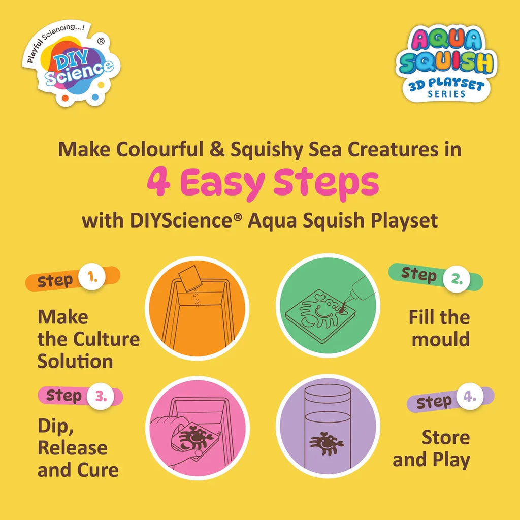 DIYScience Ocean World Aqua Squish Kit | Make More Than 40 3D Colorful Soft and Squishy Sea Creatures | Magic Water Elf Gel Toys for Girls and Boys | 6 Undersea Creatures Moulds