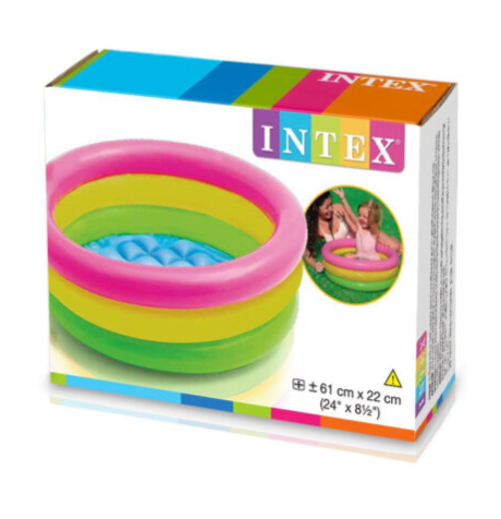 Colorful square-shaped inflatable kids pool by Intex, shown inflated and ready for use in a backyard setting.

