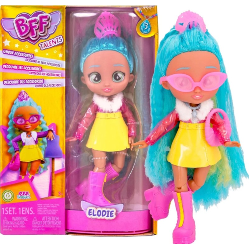 Cry Babies BFF Talents Series - Elodie Doll with 9+ Surprises Including Outfit and Accessories - Multicolor