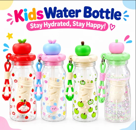 Kids Plastic Water Bottle 480ml with Straw & Removable Fruit Infuser – Cute Sipper Bottle with Carry Strap | Assorted