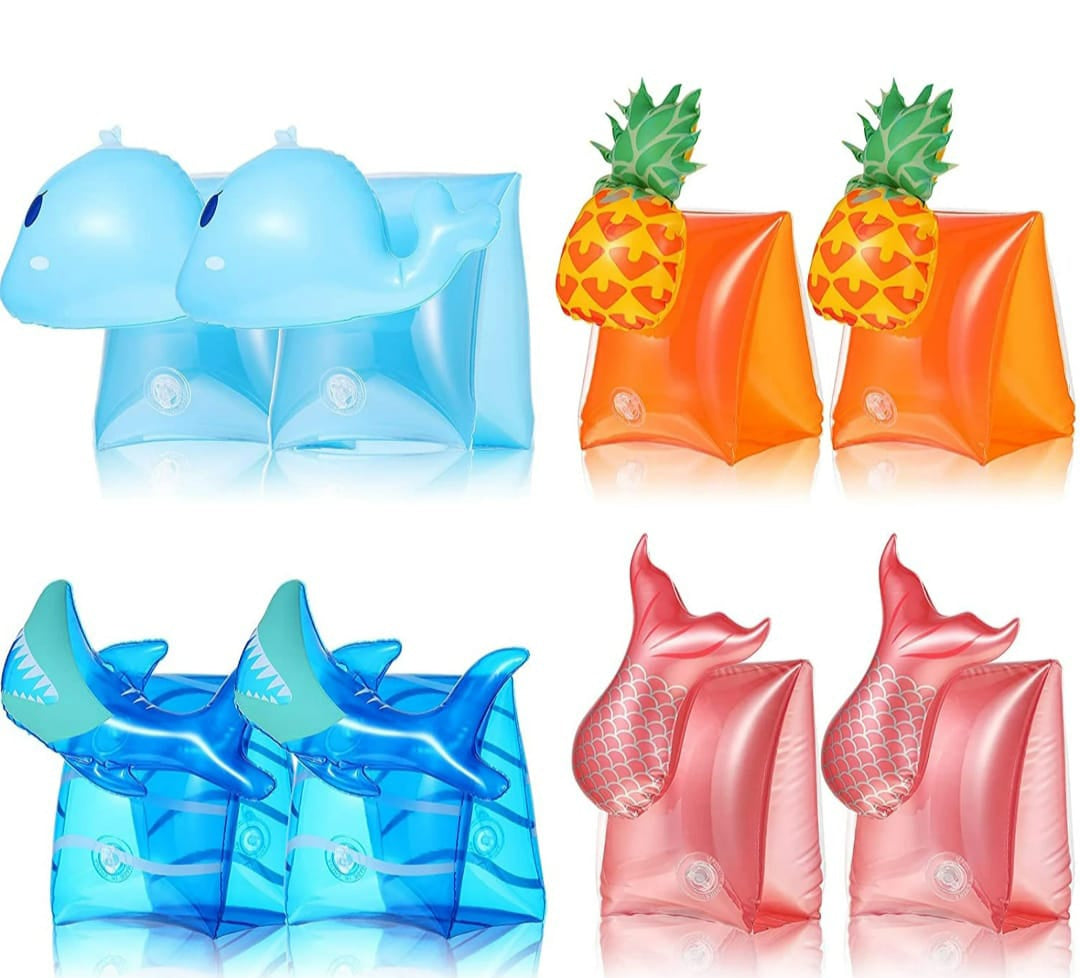 Colorful inflatable armbands for children shown poolside, designed to help kids float while swimming and learning in the water.