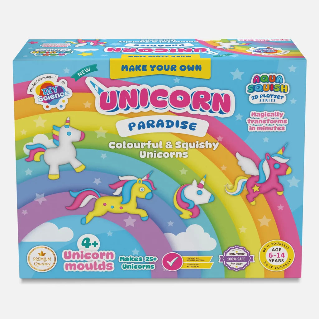DIYScience Unicorn Paradise Aqua Squish Kit | Make More Than 25 3D Colorful Soft and Squishy Unicorn | Magic Water Elf Gel Toys for Girls and Boys | 4 Unicorn Moulds | Ideal for Birthday Gift