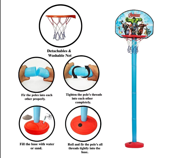 IToys Marvel Avengers shooting champ basket ball set, standing basket ball for growing kids - Multicolored