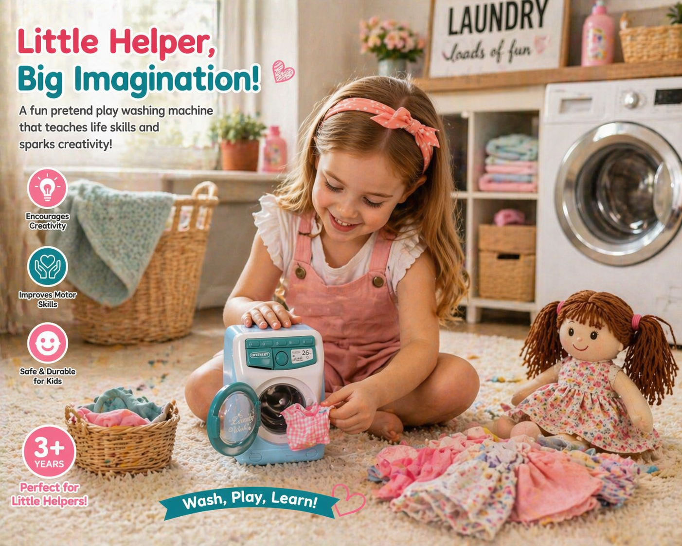 iLearnNGrow Mini Washing Machine Toy – Realistic Kids Washing Machine Playset