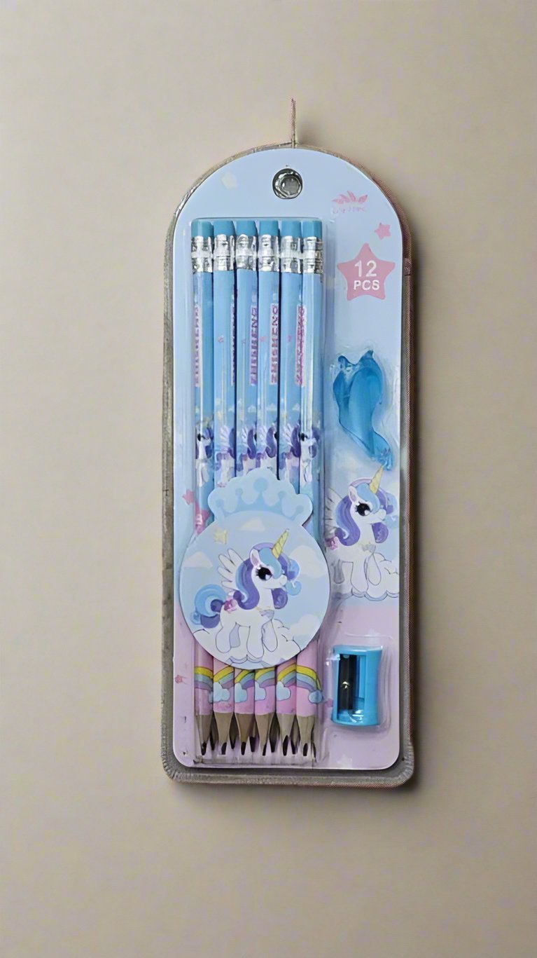 Little Stationery Set for kids 12 Pencil with Eraser, Sharpener & Pencil Cap - Multicolor