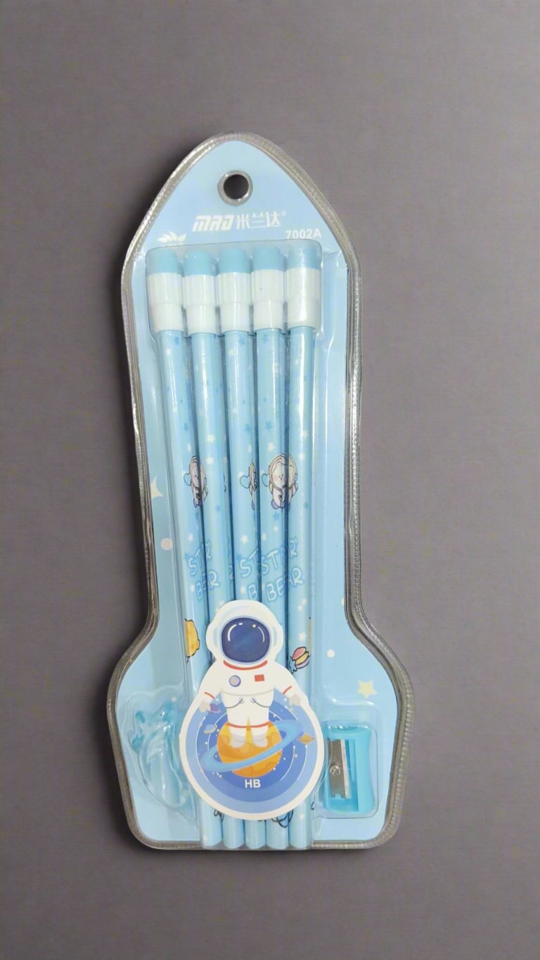Space Stationery Set for kids 10 Pencil with Eraser, Sharpener & Pencil Cap - Multicolor