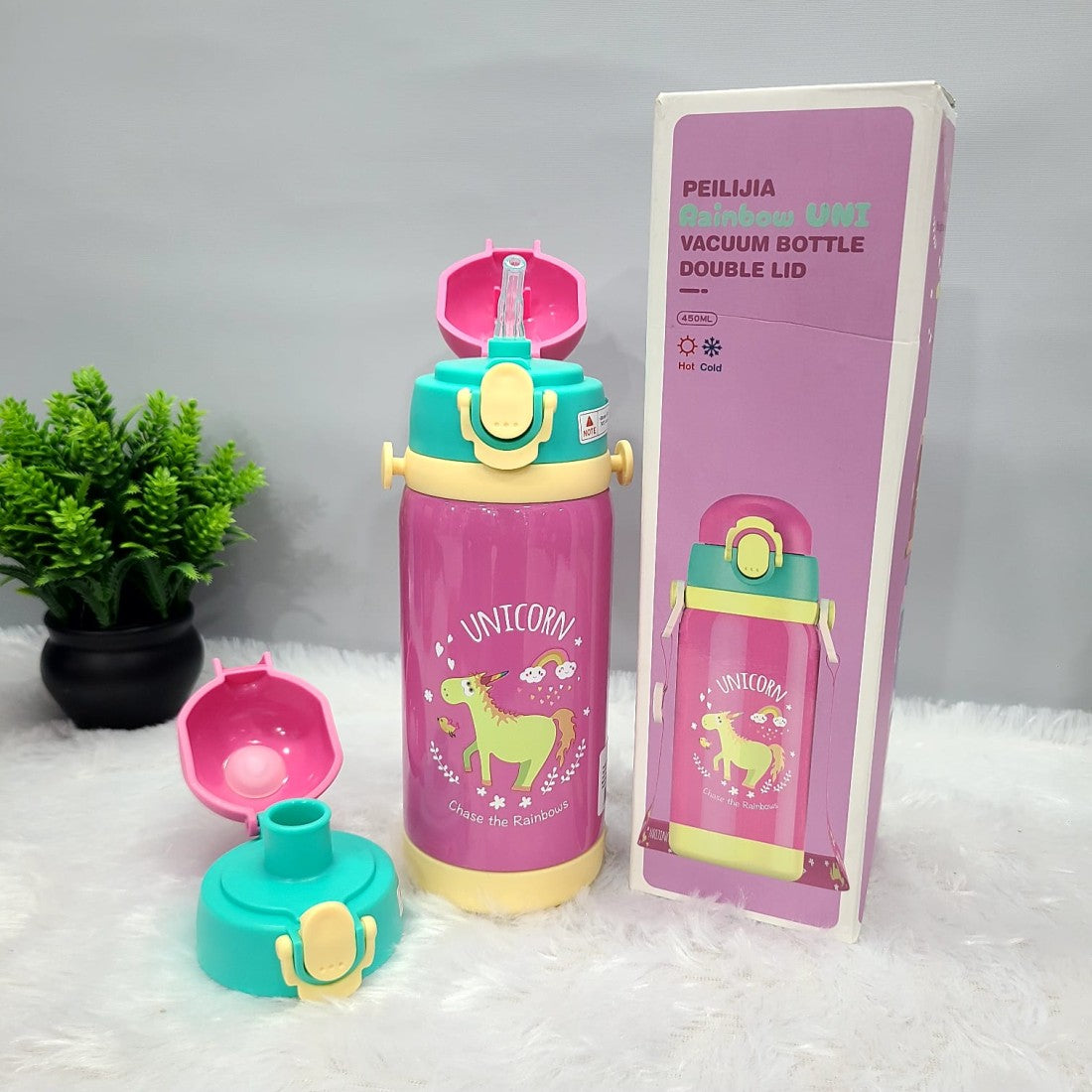 Unicorn Theme Hot & Cold Water Bottle for Kids – Double Walled Thermos Flask Vacuum Insulated Stainless Steel Bottle – Dual Cap Bottle with Straw & Wide Mouth Cap (450 ML)