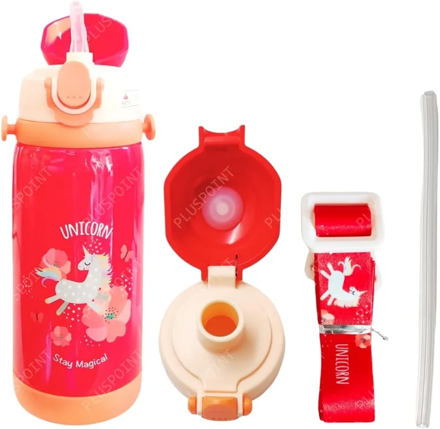 Unicorn Theme Hot & Cold Water Bottle for Kids – Double Walled Thermos Flask Vacuum Insulated Stainless Steel Bottle – Dual Cap Bottle with Straw & Wide Mouth Cap (450 ML)