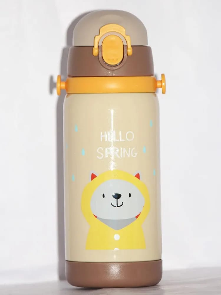 Cartoon Design Stainless Steel Dual Cap Hot & Cold Water Bottle For Kids - 450ml - Multicolor
