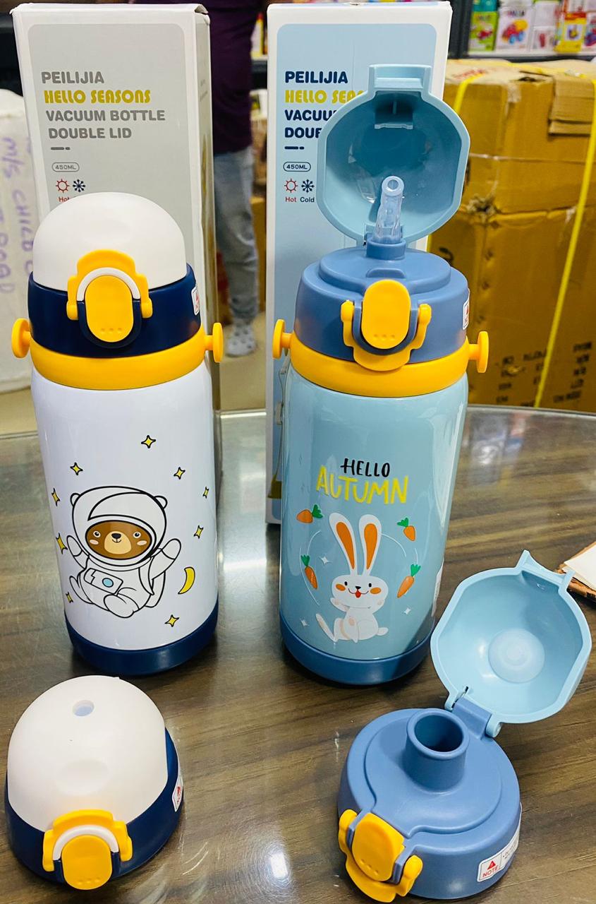 Cartoon Design Stainless Steel Dual Cap Hot & Cold Water Bottle For Kids - 450ml - Multicolor