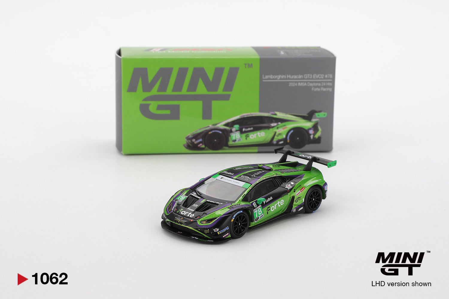 MINI GT #1062: Lamborghini Huracán GT3 EVO2 #78 Forte Racing 2024 IMSA Daytona 24 Hrs - Box Packing