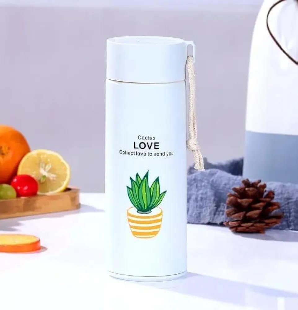 Cactus love Print Glass Water Bottle with Foodgrade Silicone Plastic - 450ml | Glass Bottle | Leak Proof | BPA Free | For School/College/Travel | Easy to carry | Multicolor | Pack of 1