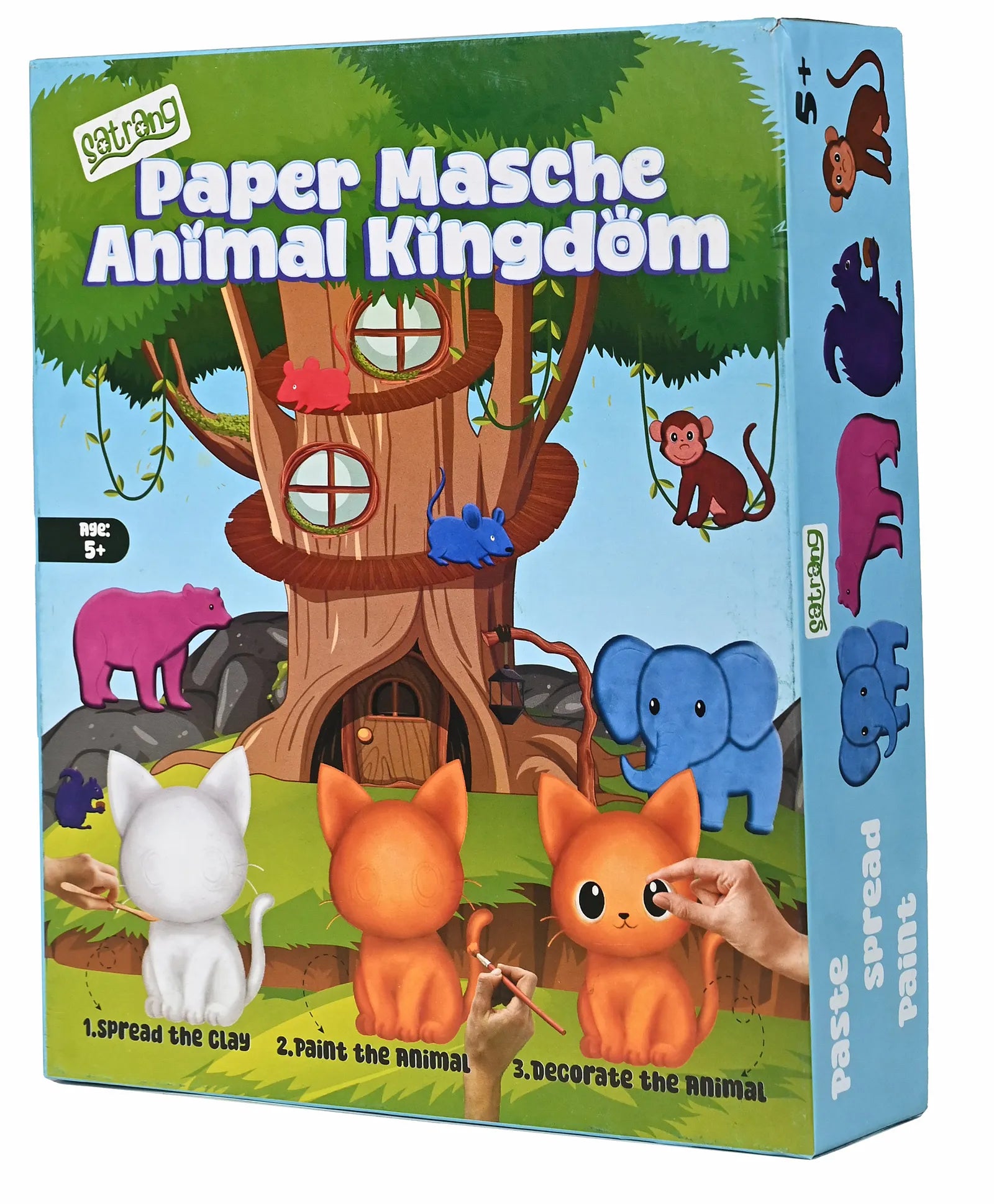 Folks Work Satrang Paper Mache Animal Kingdom DIY kit featuring animal figurines and multicolor paints for kids’ craft fun.


