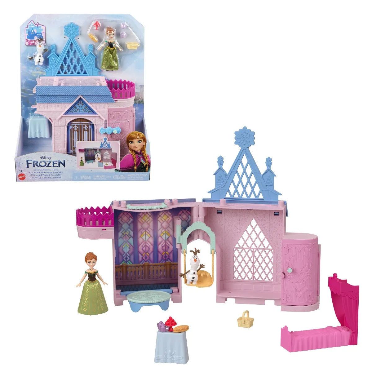 Mattel Disney Frozen Storytime Stackers Playset Anna's Castle in Arendelle Doll House with Small Doll, Olaf and 7 Accessories