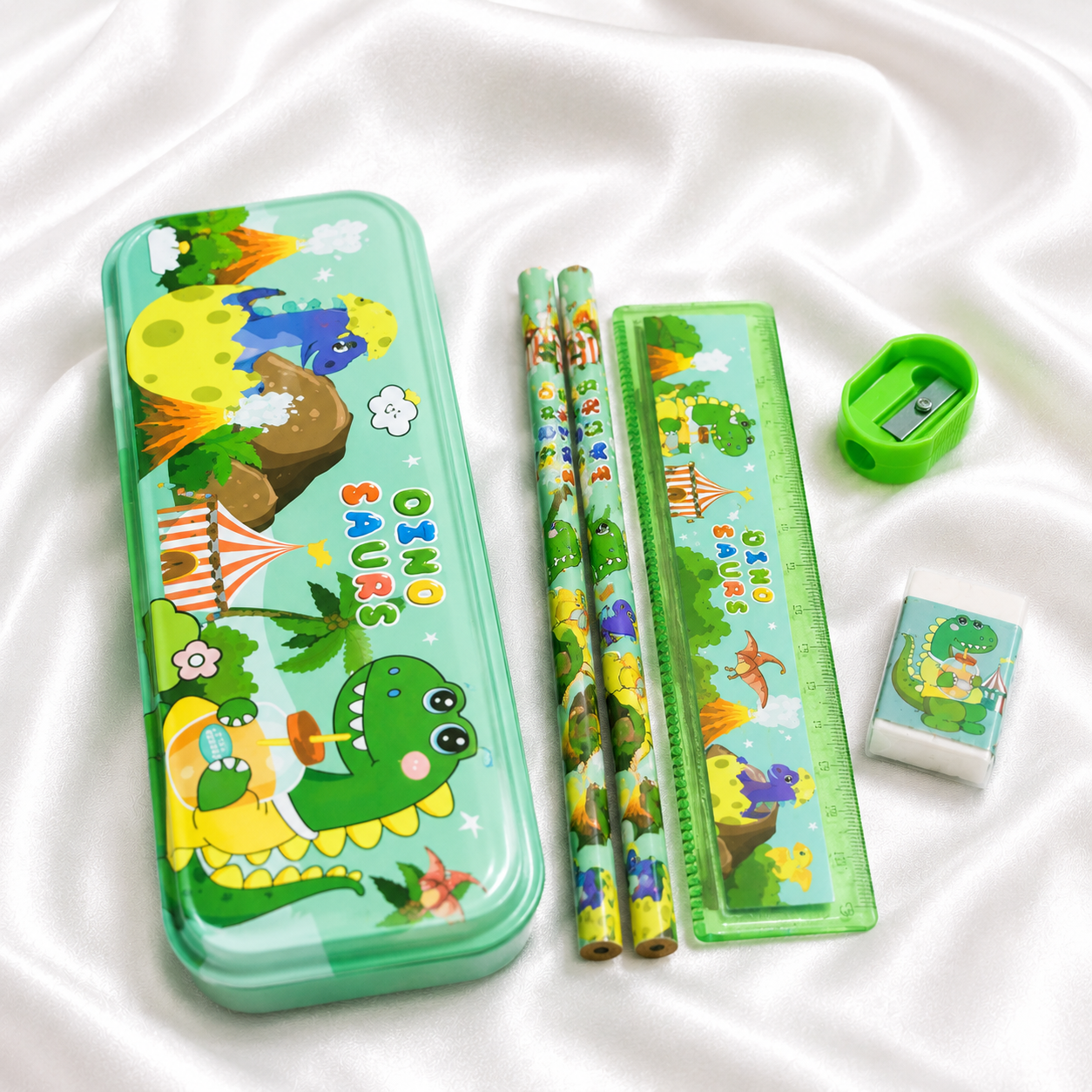 iLearnNGrow Dino Theme Stationery Rakhi Combo – Dino Pencil Box Set with Dino Rakhi for Kids