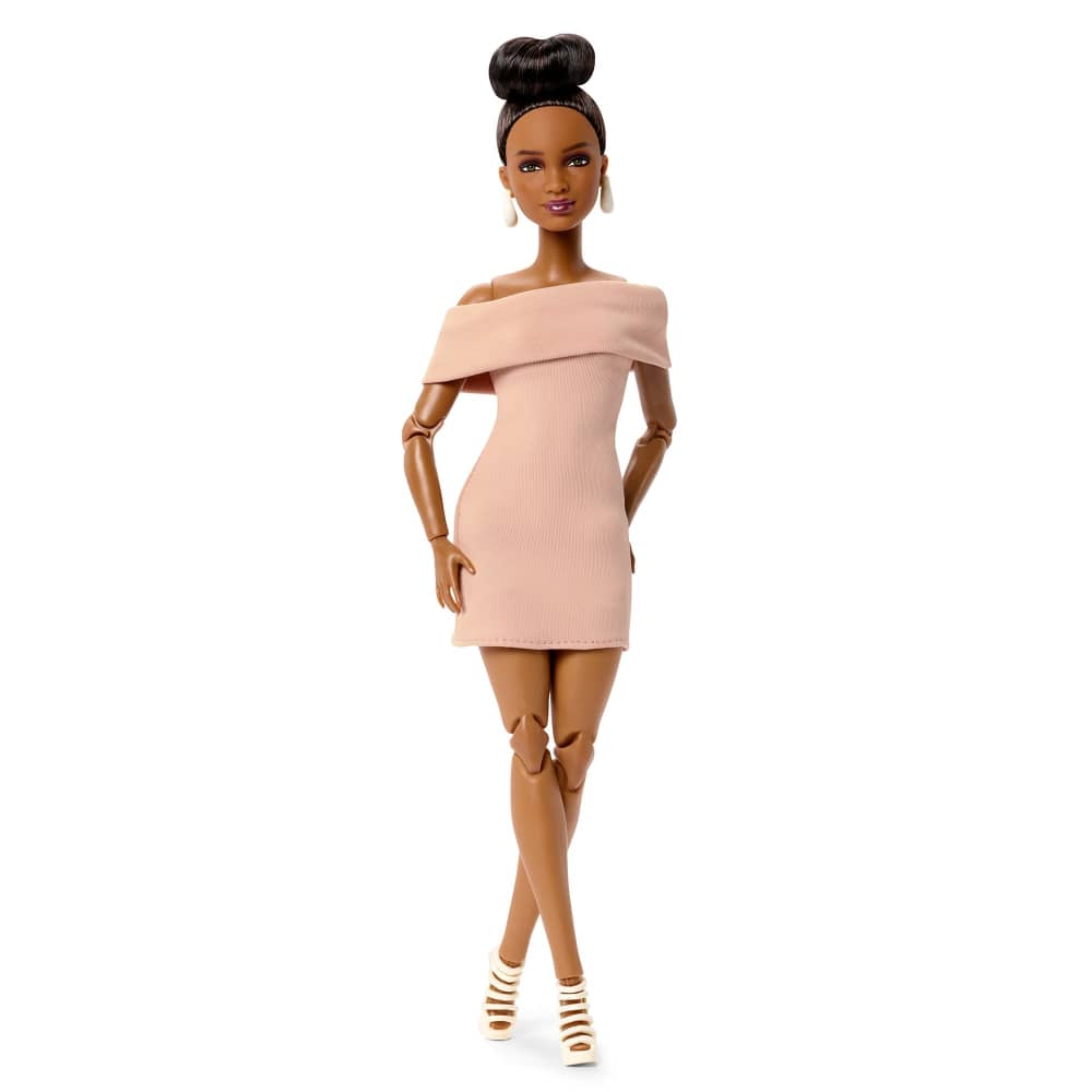 Barbie Basics Model Collector Fashion Doll 08 with Brunette Hair in Tan Dress & Strappy Heels, Universal-fit Fashions & Posable Body | Tan Dress, Strappy Heels, Universal-fit Fashions, Posable Body