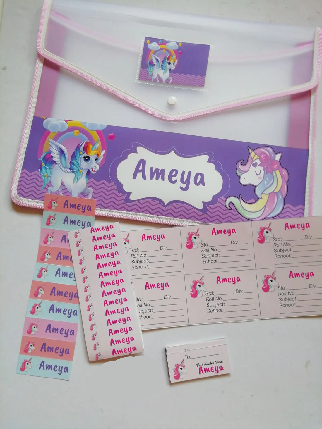 Customized button folder with name and colorful stickers – perfect for school kids

