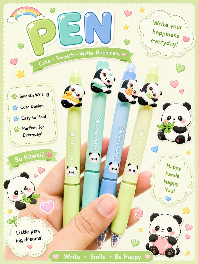 Panda Model Cute Erasable 0.5mm Gel Pens – 4 Pcs Pack | Erasable Ballpoint Pens for Kids