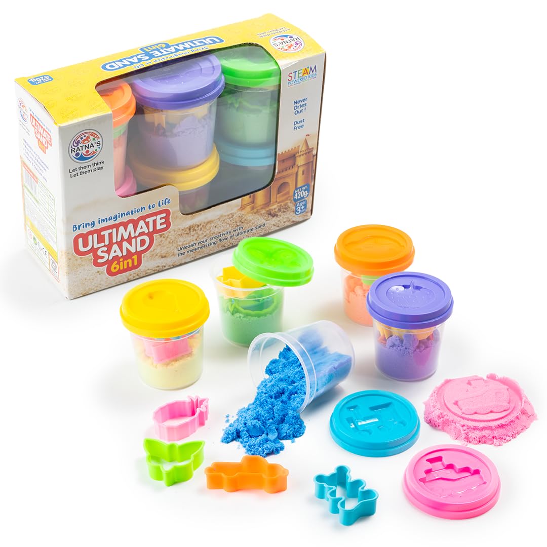 RATNA'S 6 in 1 Ultimate Sand Having 6 Tubs of Different Color Sand (70g Each) & 18 Moulds, Smooth, Non Sticky Kinetic Sand Kit Activity Toys for Kids (Assorted Colours)