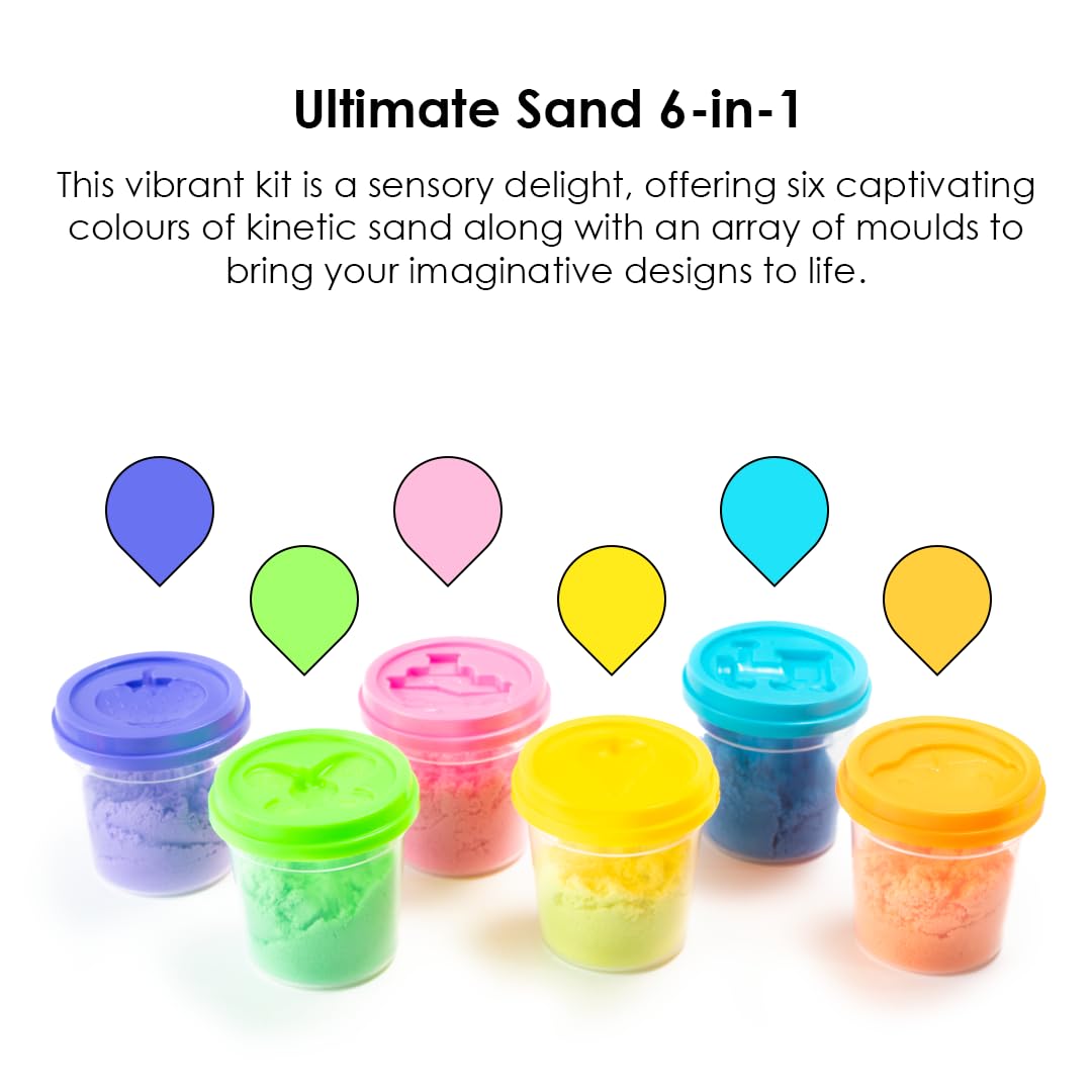 RATNA'S 6 in 1 Ultimate Sand Having 6 Tubs of Different Color Sand (70g Each) & 18 Moulds, Smooth, Non Sticky Kinetic Sand Kit Activity Toys for Kids (Assorted Colours)